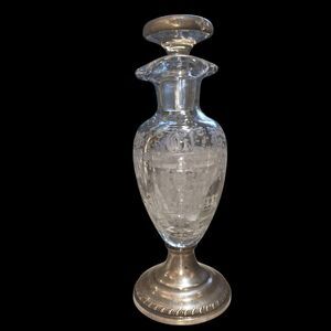 Oil Vinegar CRUET Etched, Chantilly Pattern,Cambridge Crystal Sterling Base Lid